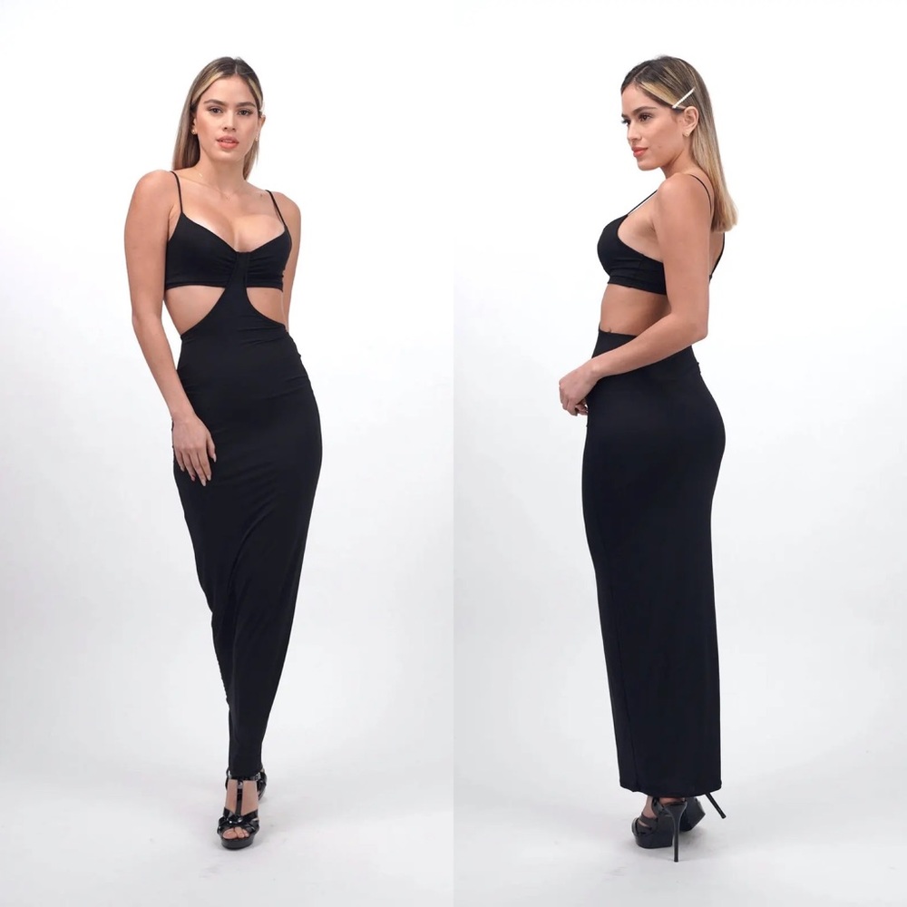 LAST ONE NEW Black Trendy Front Cut Out Spaghetti Strap Maxi Dress Sz M